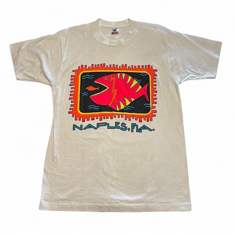 VTG 90s Naples Florida Tourist T-Shirt L Neon Fish Art Single Stitch USA FOTL